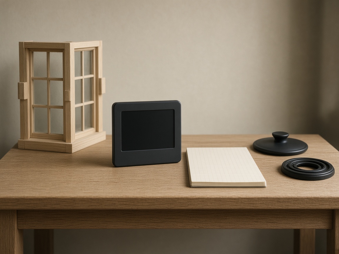 Still-life of a dark-screen air monitor, a blank grid sheet, a wooden window and a saucepan lid.