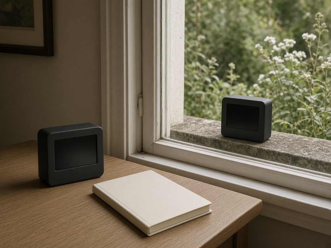 One dark-screen monitor on an indoor desk and a matching monitor on the outdoor sill.
