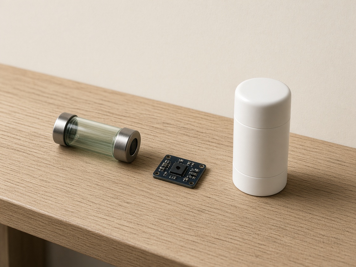 An unmarked glass sensing tube beside a plain white cylinder and a small circuit board.