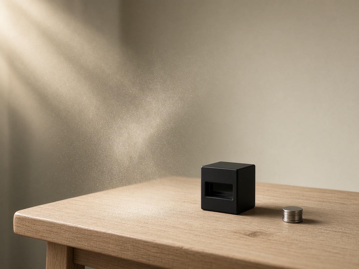 Fine dust in a shaft of light beside a black optical cube and a small metal cell.