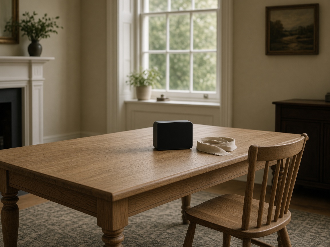 A dark air monitor on a table, set apart from an empty chair, with a sash window further back.