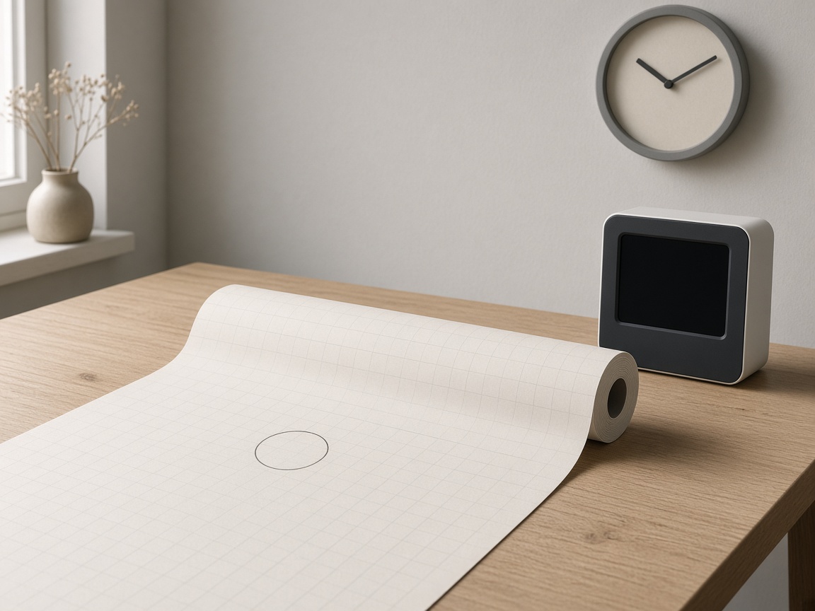 A blank chart roll with one empty circle, a dark monitor and a wall clock.
