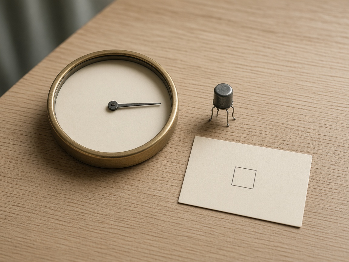 A blank dial with no numerals, a small metal sensor and an empty checkbox card.